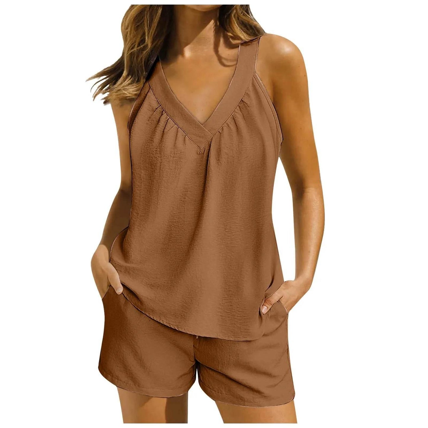 Women'S Summer Casual Suit New Urban Casual Women'S Solid Color Sleeveless Vest Elastic Shorts Home Clothes Two-Piece Set - Empire P.E