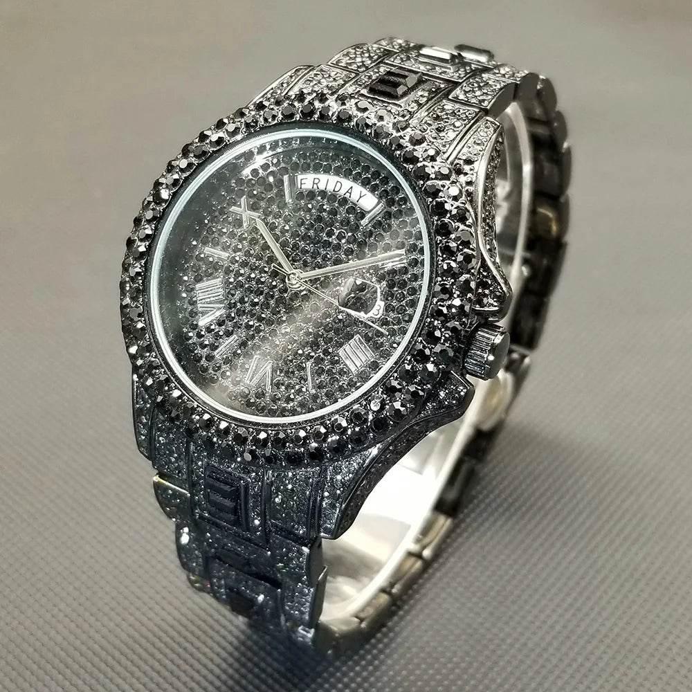 Luxury Shiny Diamond Watch For Men Hip Hop Trendy Iced Out Quartz Watches High Quality Stainless Steel Waterproof Day Date Clock - Empire P.E