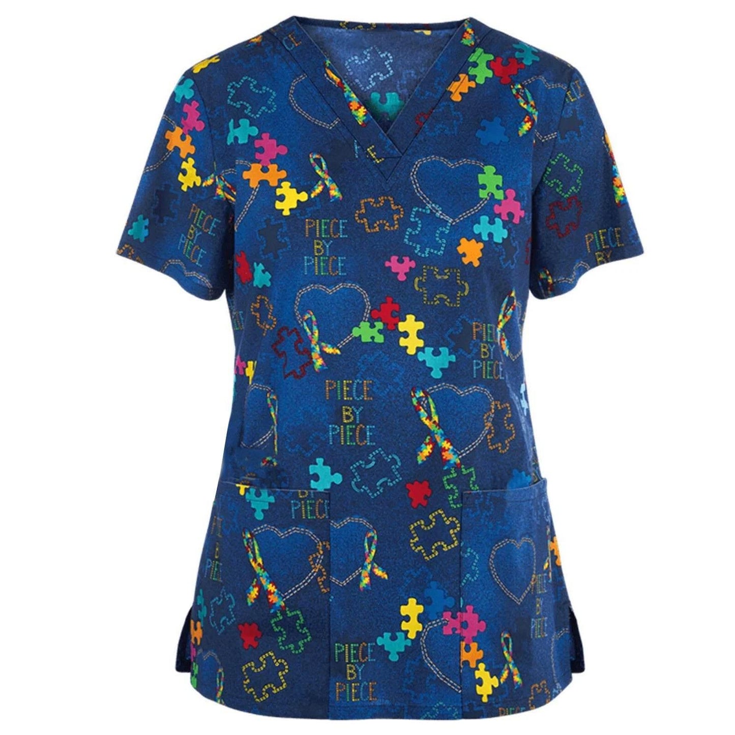 Women Working Uniform Animal Print Cartoon Cat Dog Short Sleeve V-neck Tops - Empire P.E