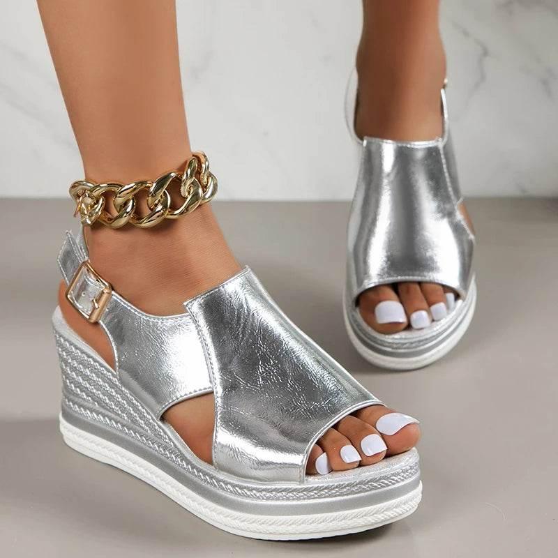 2024 Summer Peep Toe Platform Sandles Woman Plus Size Thick Sole Sandalias Mujer Gold Silver PU Leather Wedge Sandals for Women - Empire P.E