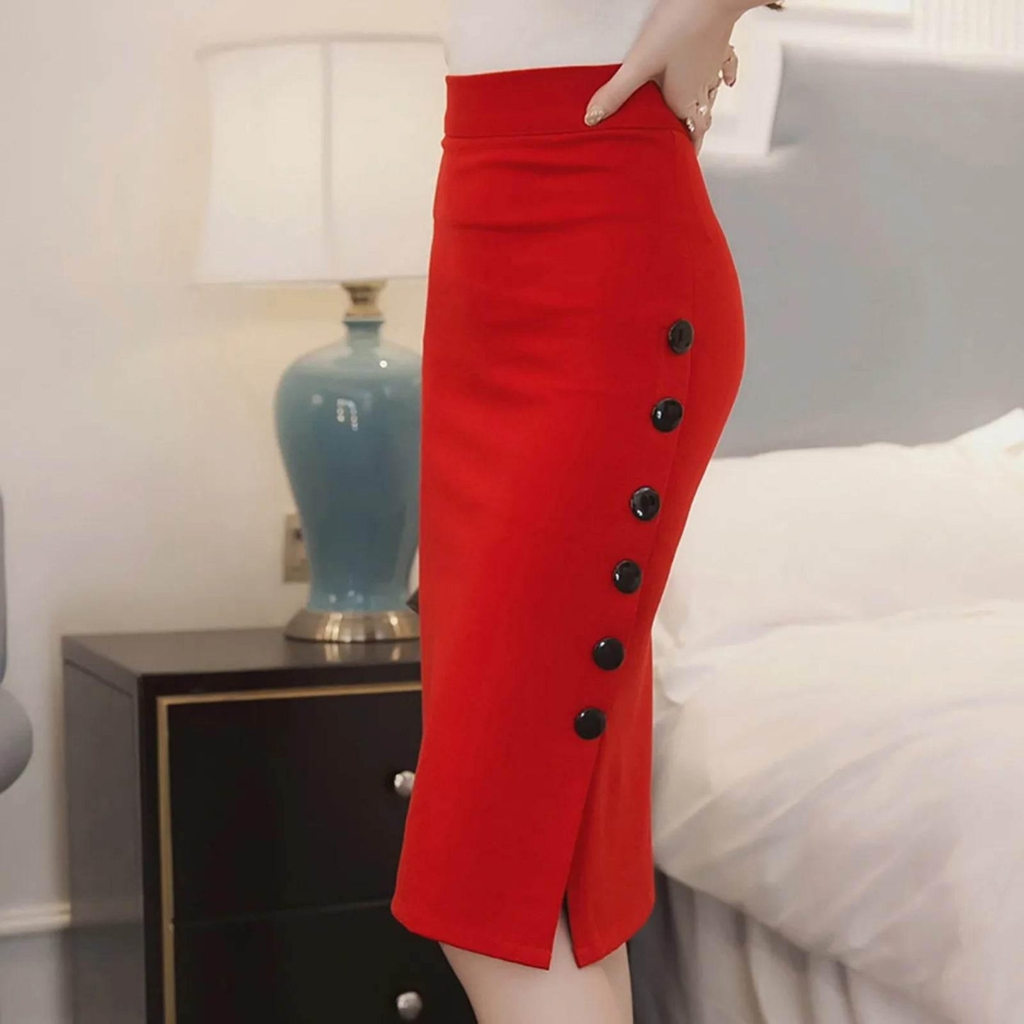 Women’s Black And Red Color Sexy Slim Fit High Waist Dress With Buttons Ladies High Street Fashion Hip Wrap Pencil Half Skirt - Empire P.E