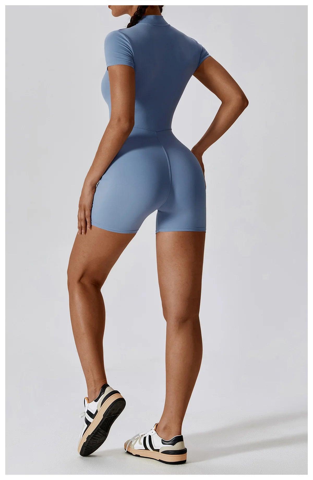 Yoga Set Women's One-Piece Suit Zipper Short Sleeve Gym Push Up Workout Clothes Fitness Short Bodysuit Sportswear Jumpsuits - Empire P.E