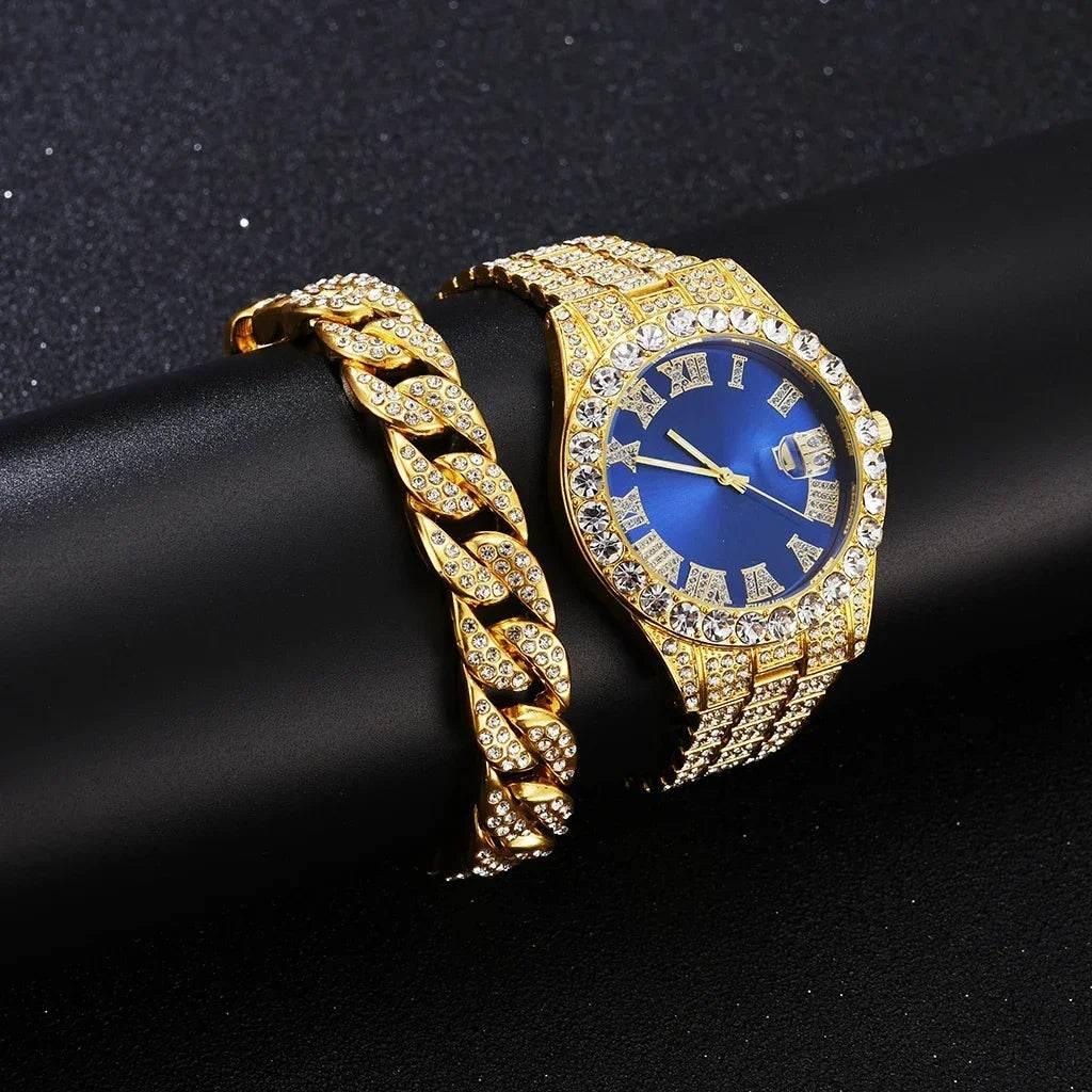 Watch Bracelet Set Hip Hop Stainless Steel Gold Color Calendar Watch for Men Iced Out Paved Rhinestones Men Watch Reloj Hombre - Empire P.E