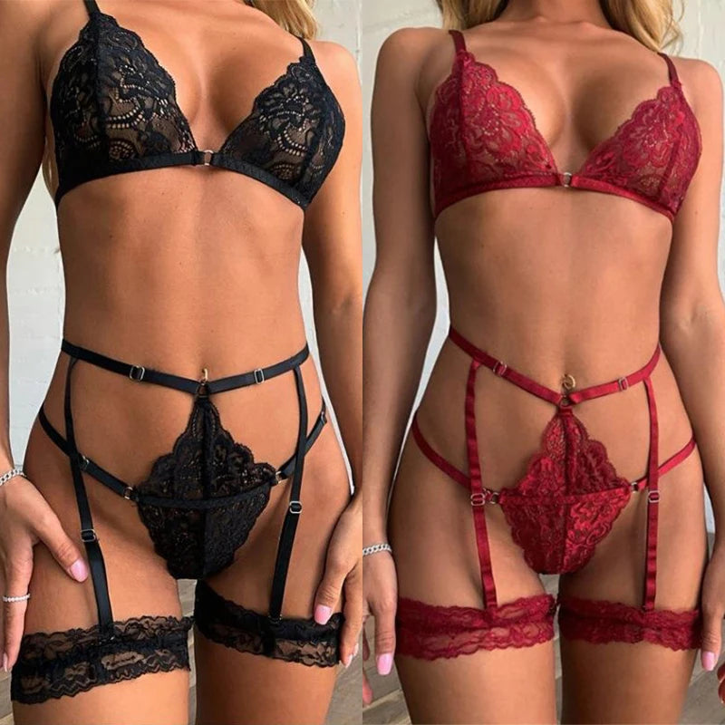 Women's Lingerie Sexy Bra Leg Loop Three Piece Set Lace Transparent Adjustable Elastic Strap Underwear Exotic Doll Porn Costume - Empire P.E