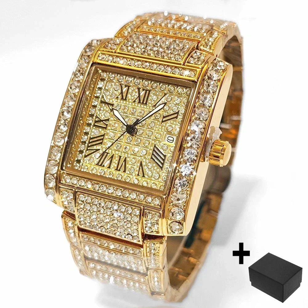 Iced Out Watch For Men Luxury Gold Stainless Steel Quartz - Empire P.E