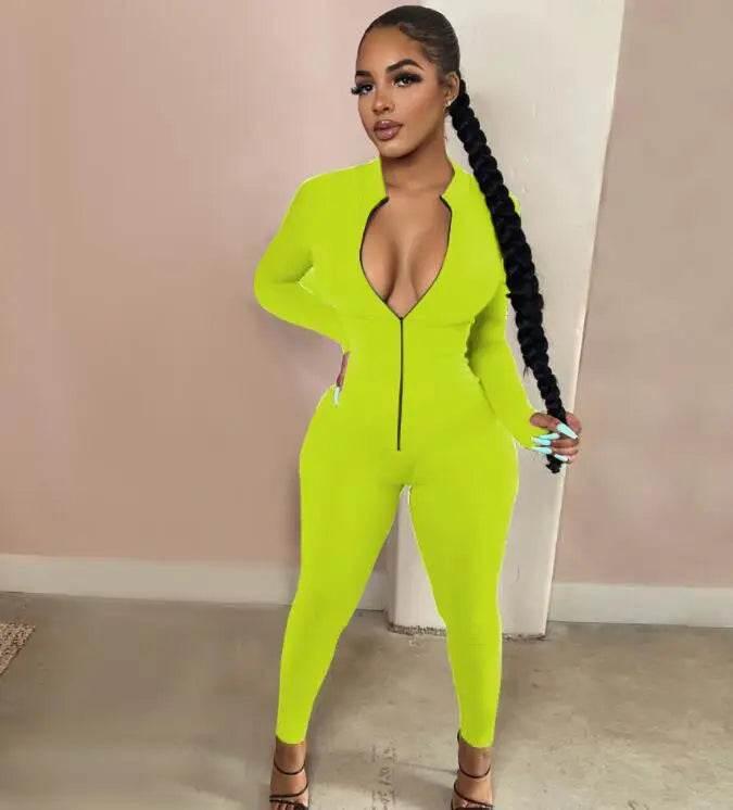 Sexy Solid Color Long Sleeve Deep V Bodycon Rompers Womens Jumpsuit Sport Suit Fashion Zip Up Long Pants Overalls Fitness Set - Empire P.E