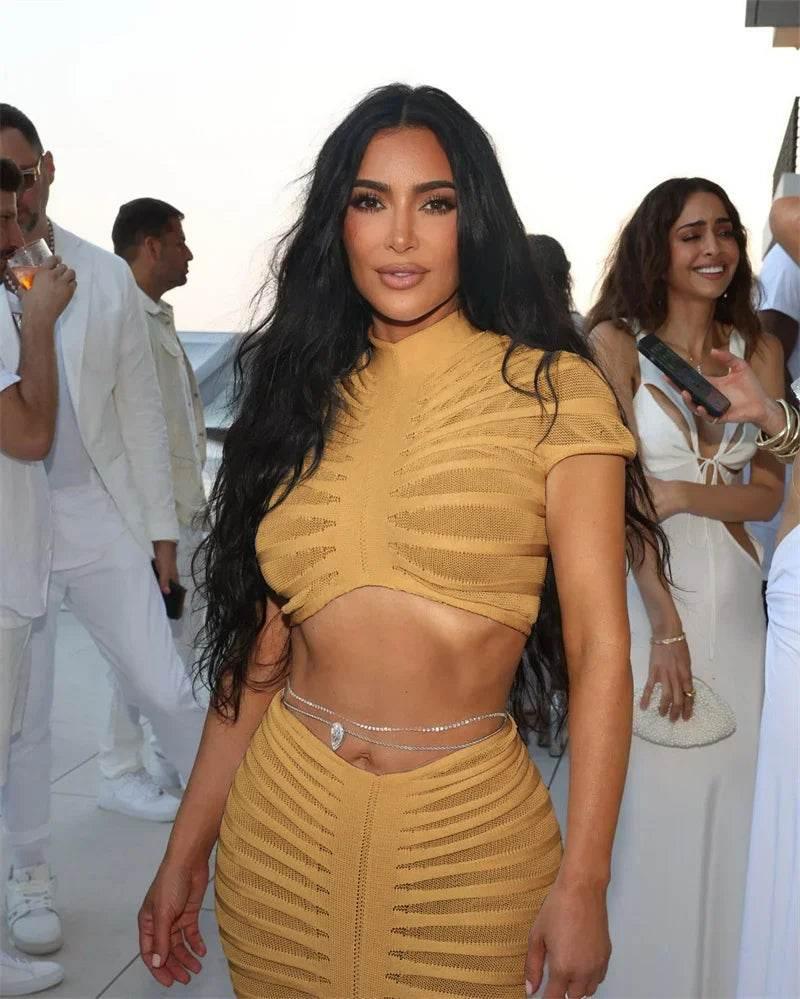 Sexy Knitted Striped 2 Piece Sets Women Outfit Y2K Clothes Birthday Sheer Crop Top and Long Skirt Set Elegant Night Club Outfits - Empire P.E