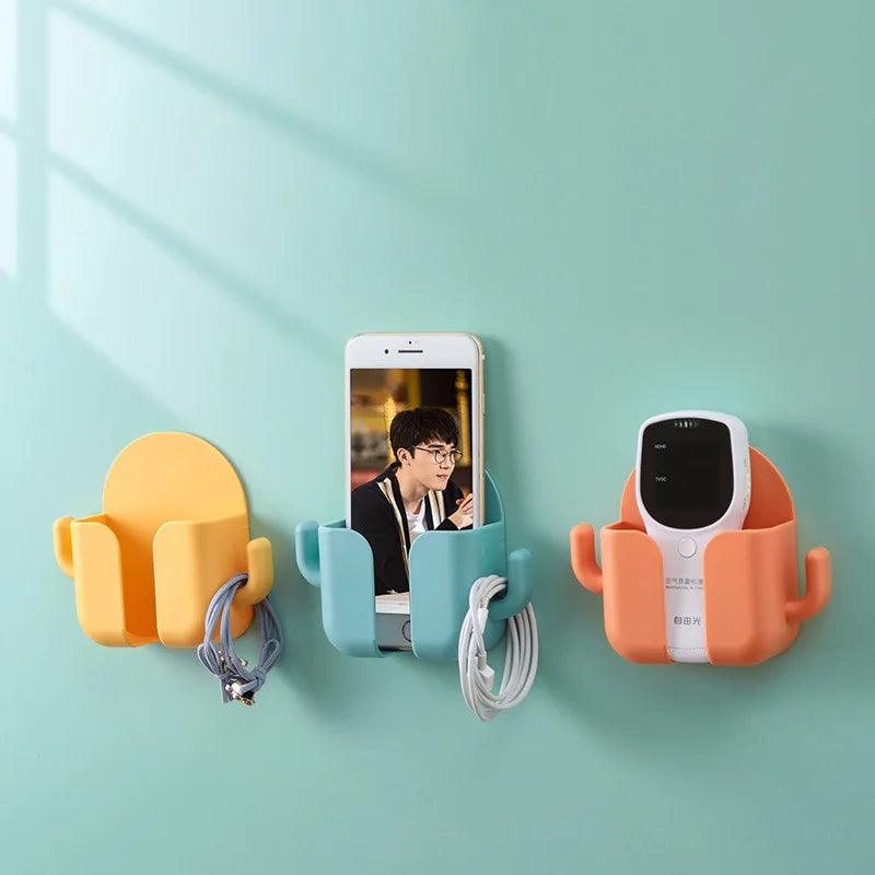 1pc Adhesive Wall Mount Phone Holder With Hooks, Storage Box ForMobile Phone Remote Control, Storage Box For Bedroom, Kitchen,Ba - Empire P.E