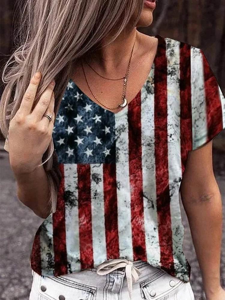 American Flag 3d Print T-shirt Women Fashion V-Neck T-shirts Short Sleeve Tops Tees Loose Casual Tees Vintage Camisetas USA Flag - Empire P.E