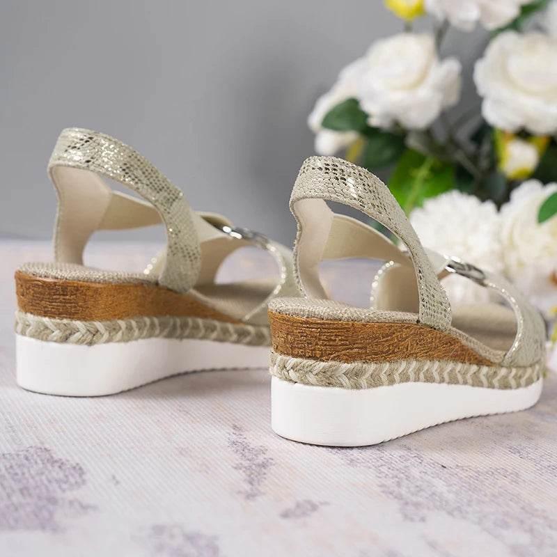 2025 Summer Gold Wedge Heel Sandals Women Fashion Snake Print Platform Sandles Woman Metal Ring Buckle Thick Sole Rome Sandalias - Empire P.E