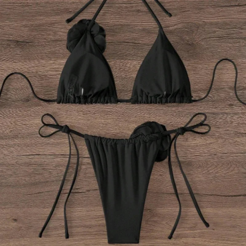Sexy 3D Flowers Halter Strappy Bikini Swimsuit Two-pieces Bikini Set - Empire P.E