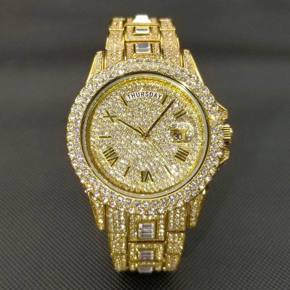 Luxury Shiny Diamond Watch For Men Hip Hop Trendy Iced Out Quartz Watches High Quality Stainless Steel Waterproof Day Date Clock - Empire P.E