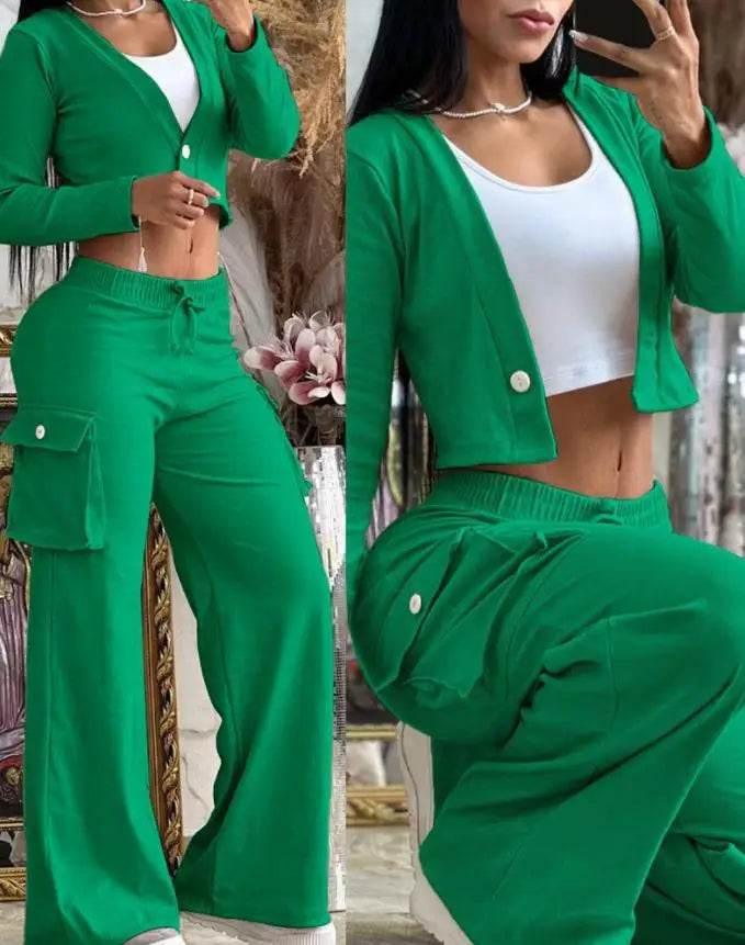 Spring Autumn Solid Slim Suit Women Long Sleeve Single Button V-neck Short Coat Drawstring Mid Waist Pocket Wide-Leg Pants Suit - Empire P.E