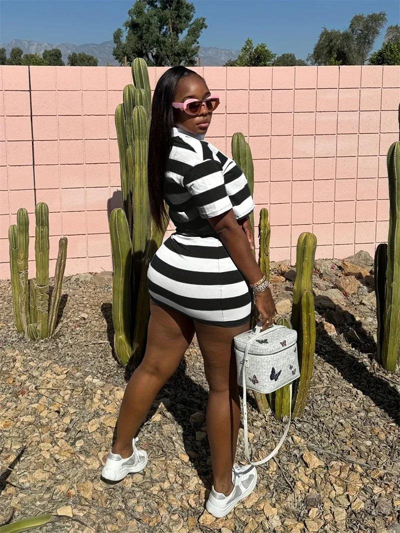 Sporty Fitness Striped Print 2 Pieces Set for Woman Streetwear Casual Turn-down Collar Shirt Crop Top and Mini Skirt Sets Summer - Empire P.E