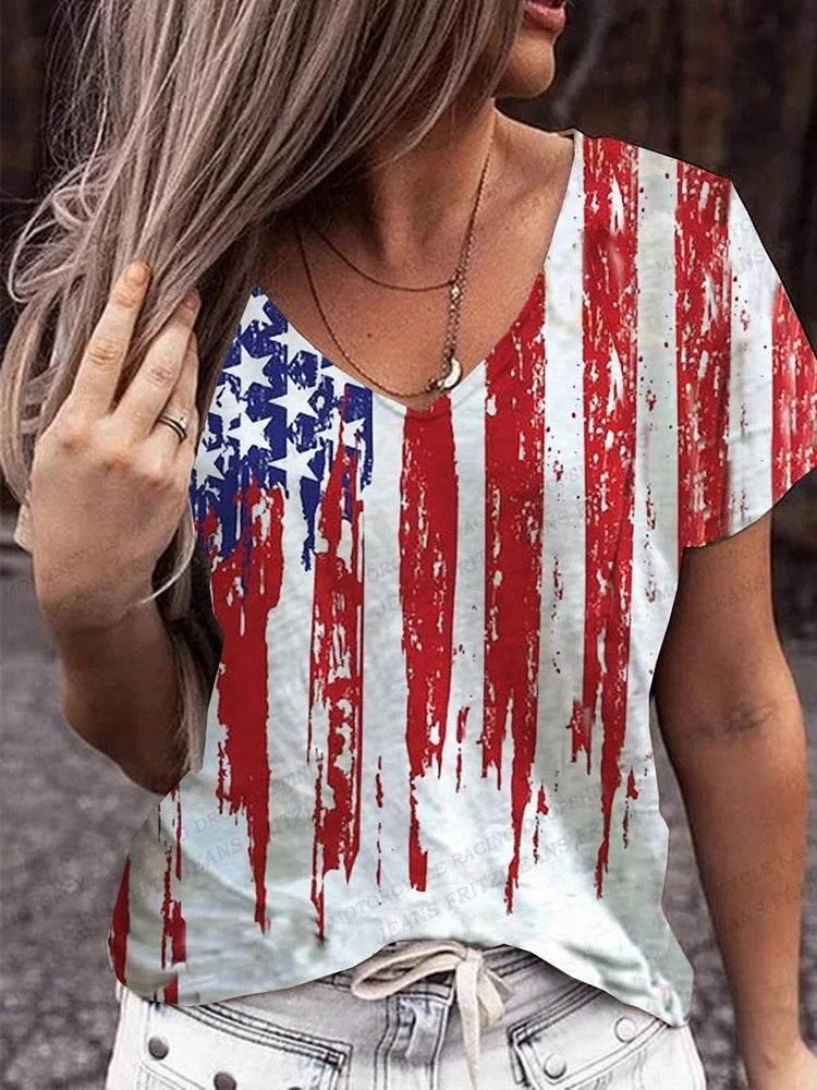 American Flag 3d Print T-shirt Women Fashion V-Neck T-shirts Short Sleeve Tops Tees Loose Casual Tees Vintage Camisetas USA Flag - Empire P.E