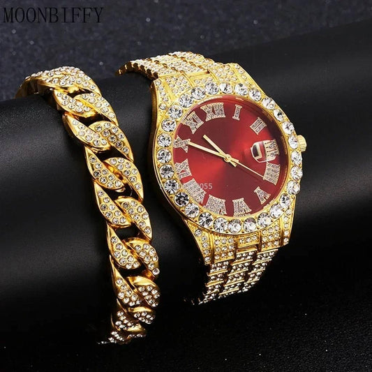 Watch Bracelet Set Hip Hop Stainless Steel Gold Color Calendar Watch for Men Iced Out Paved Rhinestones Men Watch Reloj Hombre - Empire P.E