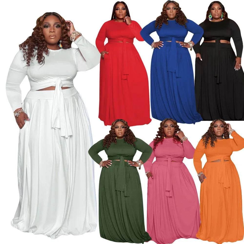 Fall 2024 Plus Size Women Clothing Skirt Two Piece Sets O Neck Long Sleeve - Empire P.E