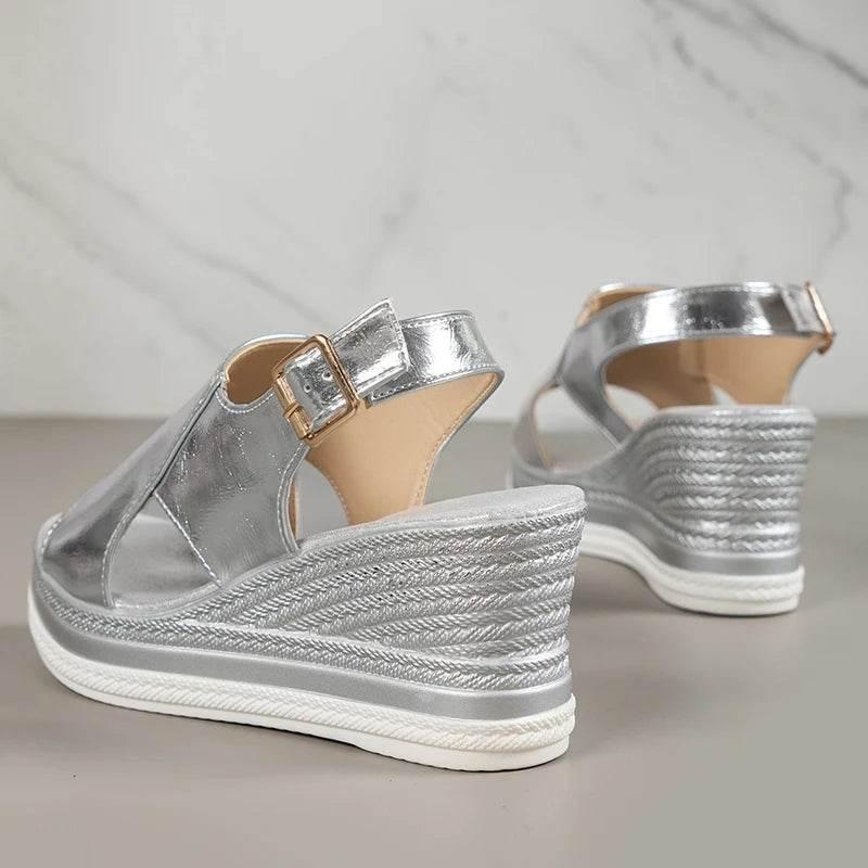 2024 Summer Peep Toe Platform Sandles Woman Plus Size Thick Sole Sandalias Mujer Gold Silver PU Leather Wedge Sandals for Women - Empire P.E