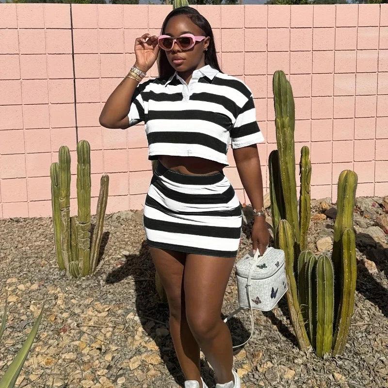 Sporty Fitness Striped Print 2 Pieces Set for Woman Streetwear Casual Turn-down Collar Shirt Crop Top and Mini Skirt Sets Summer - Empire P.E