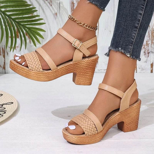 Lucyever Braided High Heels Sandals Women 2025 Summer Pu Leather Platform Gladiator Shoes Woman Ankle Buckle Thick Heel Sandles - Empire P.E