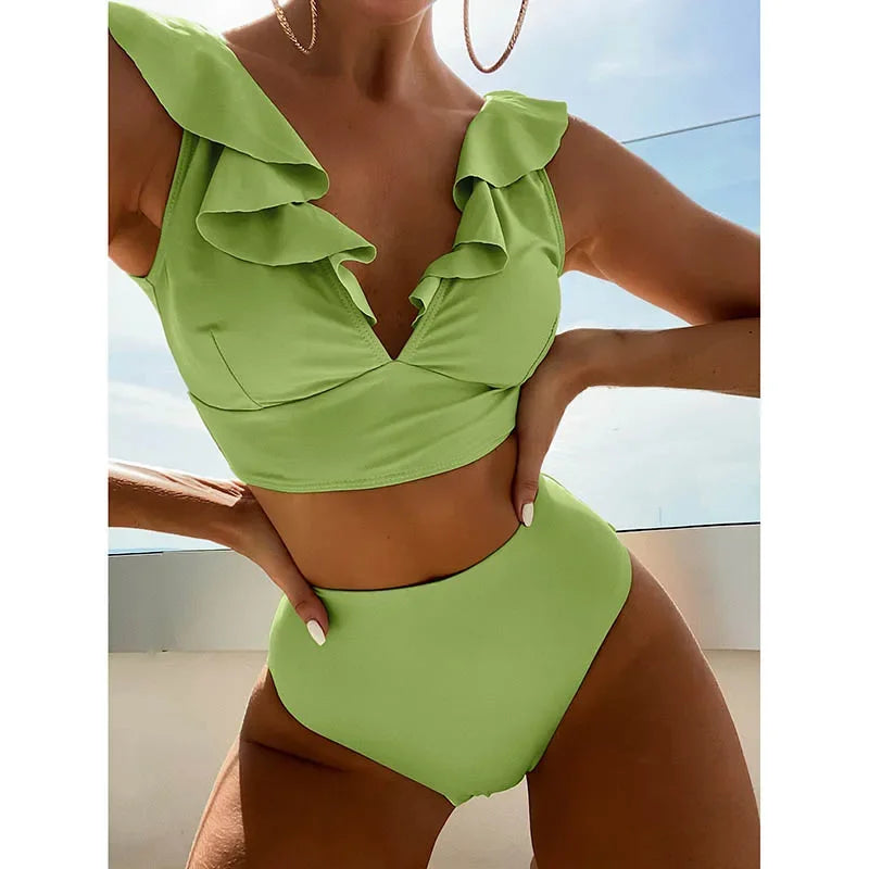 Riseado High Waist Bikinis Set Ruffle Shoulder Sexy Plunging Swimwear Women Bathing Suit Summer Beachwear - Empire P.E