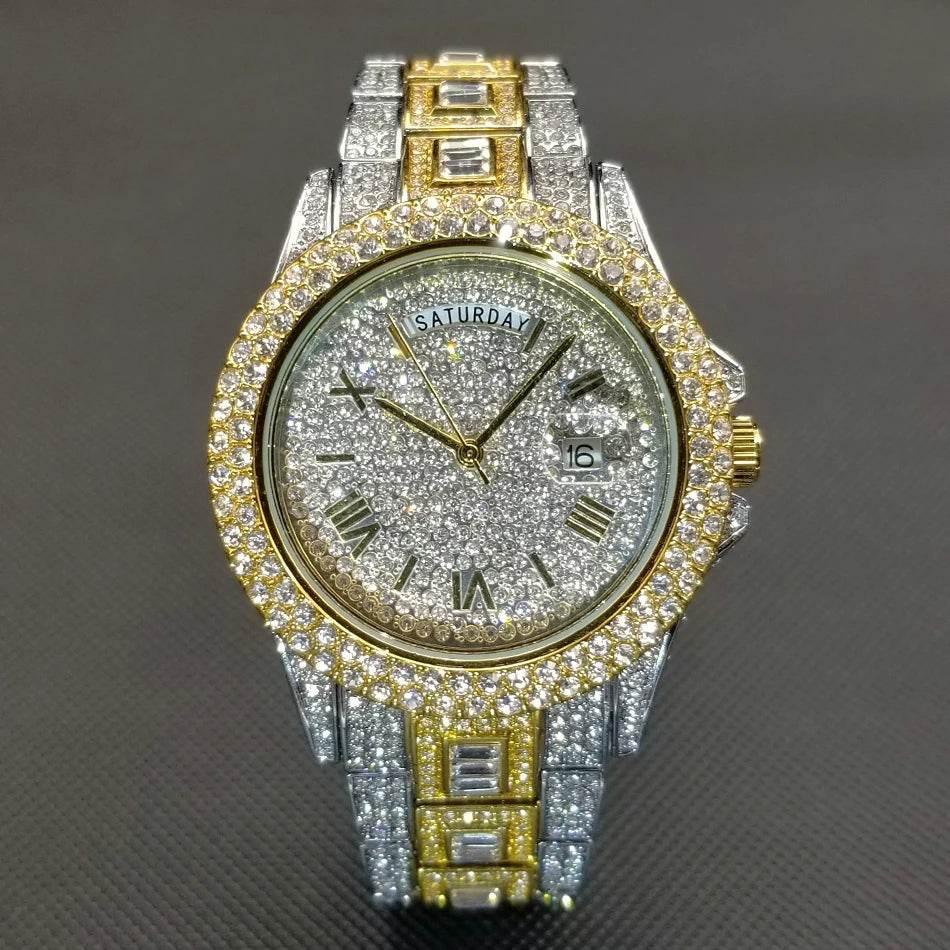 Luxury Shiny Diamond Watch For Men Hip Hop Trendy Iced Out Quartz Watches High Quality Stainless Steel Waterproof Day Date Clock - Empire P.E