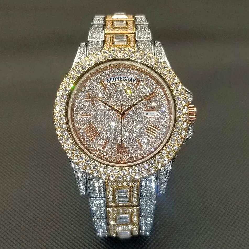 Luxury Shiny Diamond Watch For Men Hip Hop Trendy Iced Out Quartz Watches High Quality Stainless Steel Waterproof Day Date Clock - Empire P.E