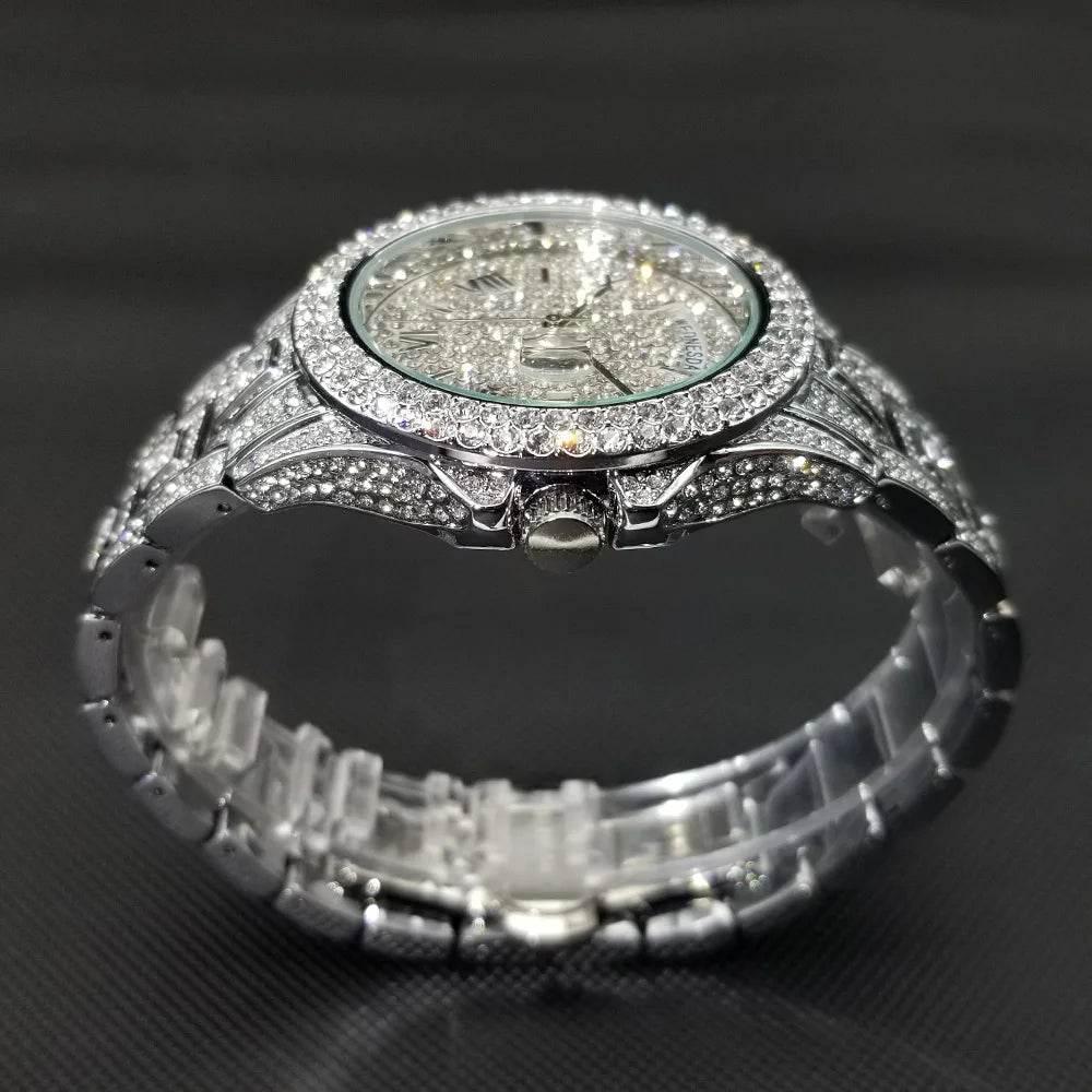 Luxury Shiny Diamond Watch For Men Hip Hop Trendy Iced Out Quartz Watches High Quality Stainless Steel Waterproof Day Date Clock - Empire P.E