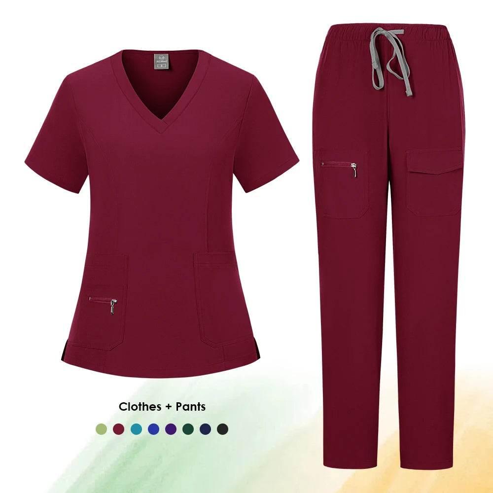 Workwear Nursing Women Scrubs Pants Elastic Wholesale Working Uniform Women Short Sleeve Neck Tops Dental Hospital Scrubs Suits - Empire P.E
