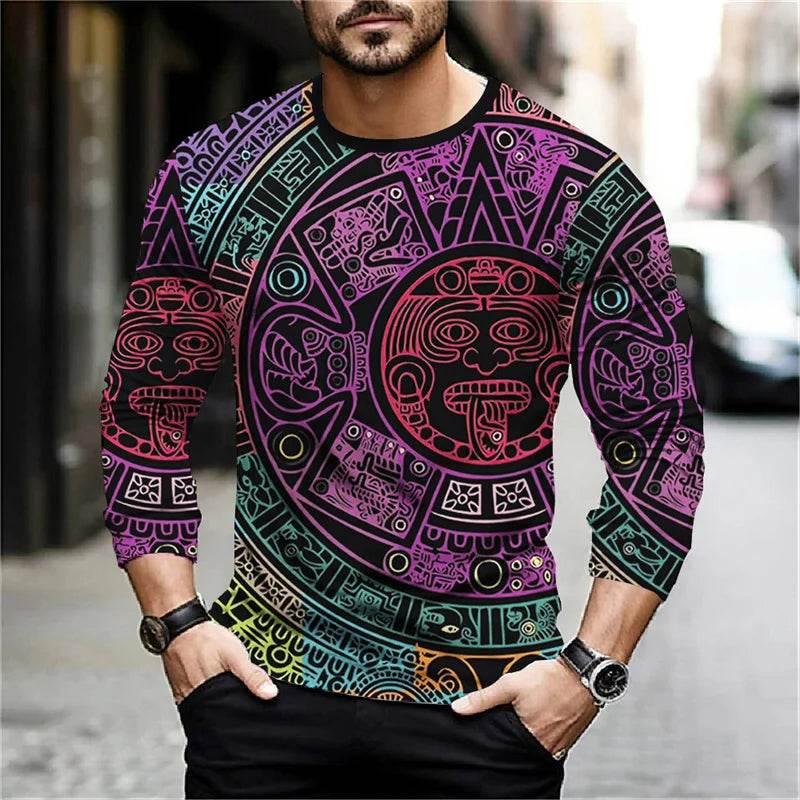 2024 Mexico Aztec Graphic T Shirts For Men Vintage 3d Printed Long Sleeve Tees Street Hip Hop Oversized T-Shirt Male Clothing - Empire P.E