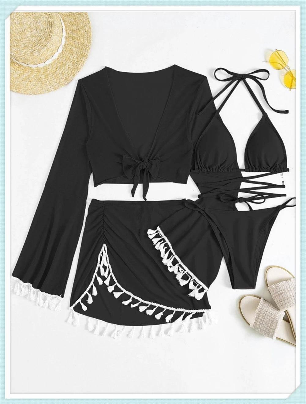 Sexy 4 Pieces Halter Bikinis Women Solid Swimwear Female Cover Up Swimsuit Long Sleeve And Skirt Bathing Suit Beachwear Summer - Empire P.E