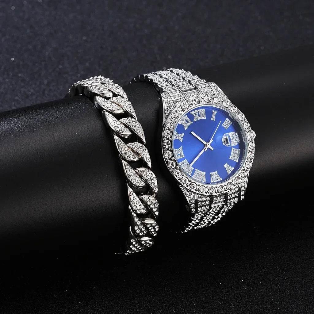 Watch Bracelet Set Hip Hop Stainless Steel Gold Color Calendar Watch for Men Iced Out Paved Rhinestones Men Watch Reloj Hombre - Empire P.E
