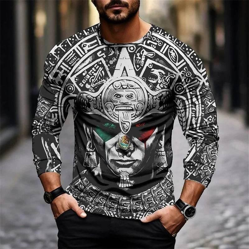 2024 Mexico Aztec Graphic T Shirts For Men Vintage 3d Printed Long Sleeve Tees Street Hip Hop Oversized T-Shirt Male Clothing - Empire P.E