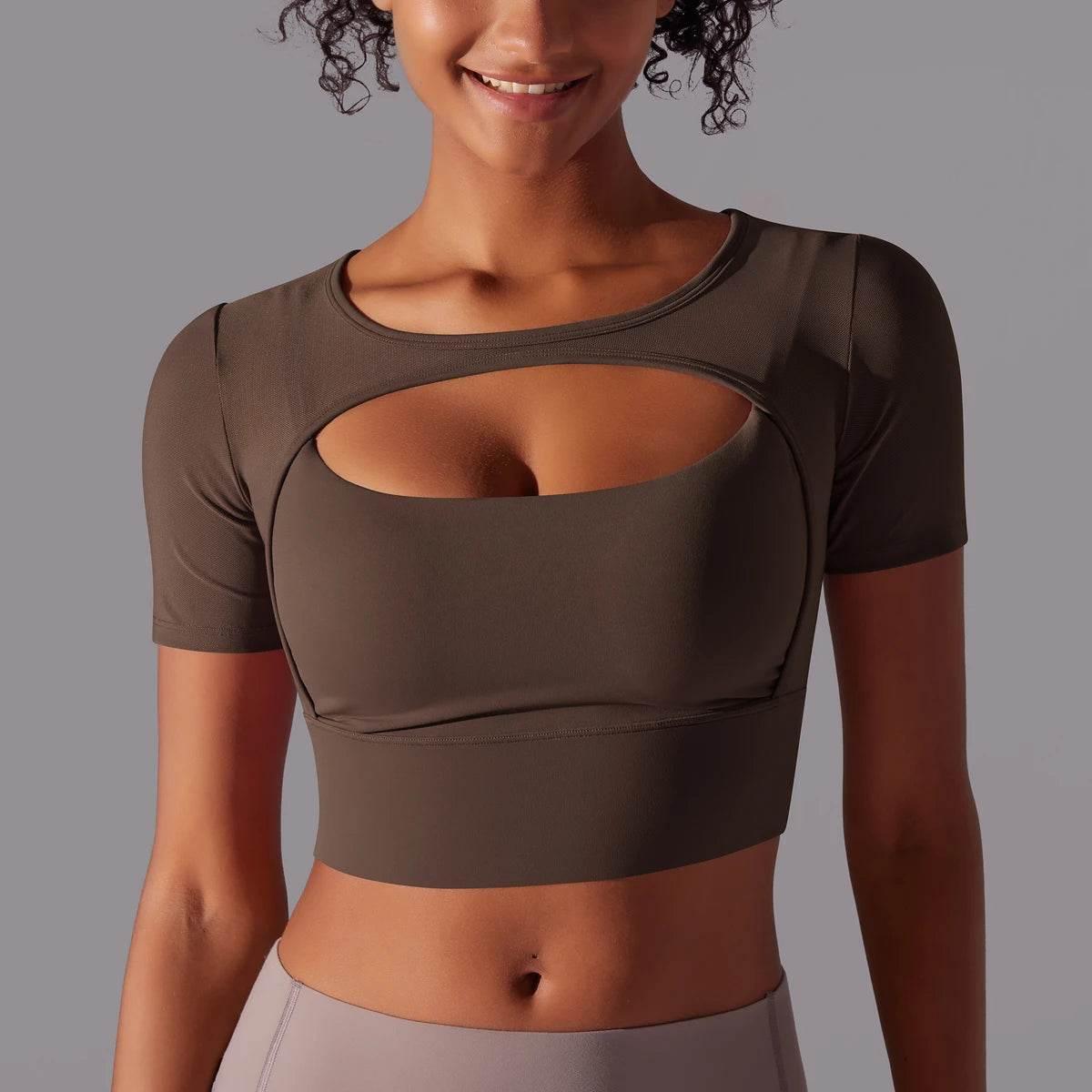 Solid Color Yoga Short Sleeve Sexy Double Layer Yoga Tank Top Spliced Mesh Yoga Clothing Top Fitness Running Sports Bra Women - Empire P.E