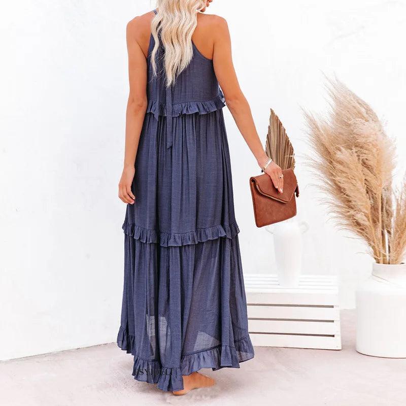 Women Casual Solid Ruffles Long Dress - Empire P.E