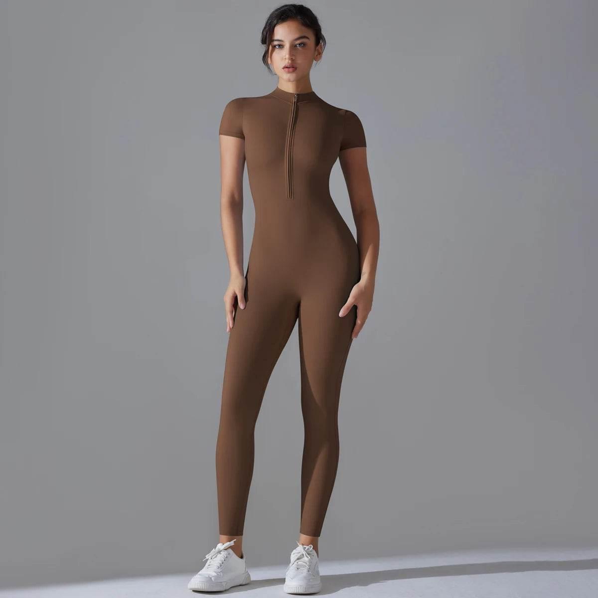 Yoga Set Women's Jumpsuits One-Piece Suit Zipper Short Sleeve Gym Push Up Workout Clothes Fitness Bodysuit Sportswear Tracksuit - Empire P.E