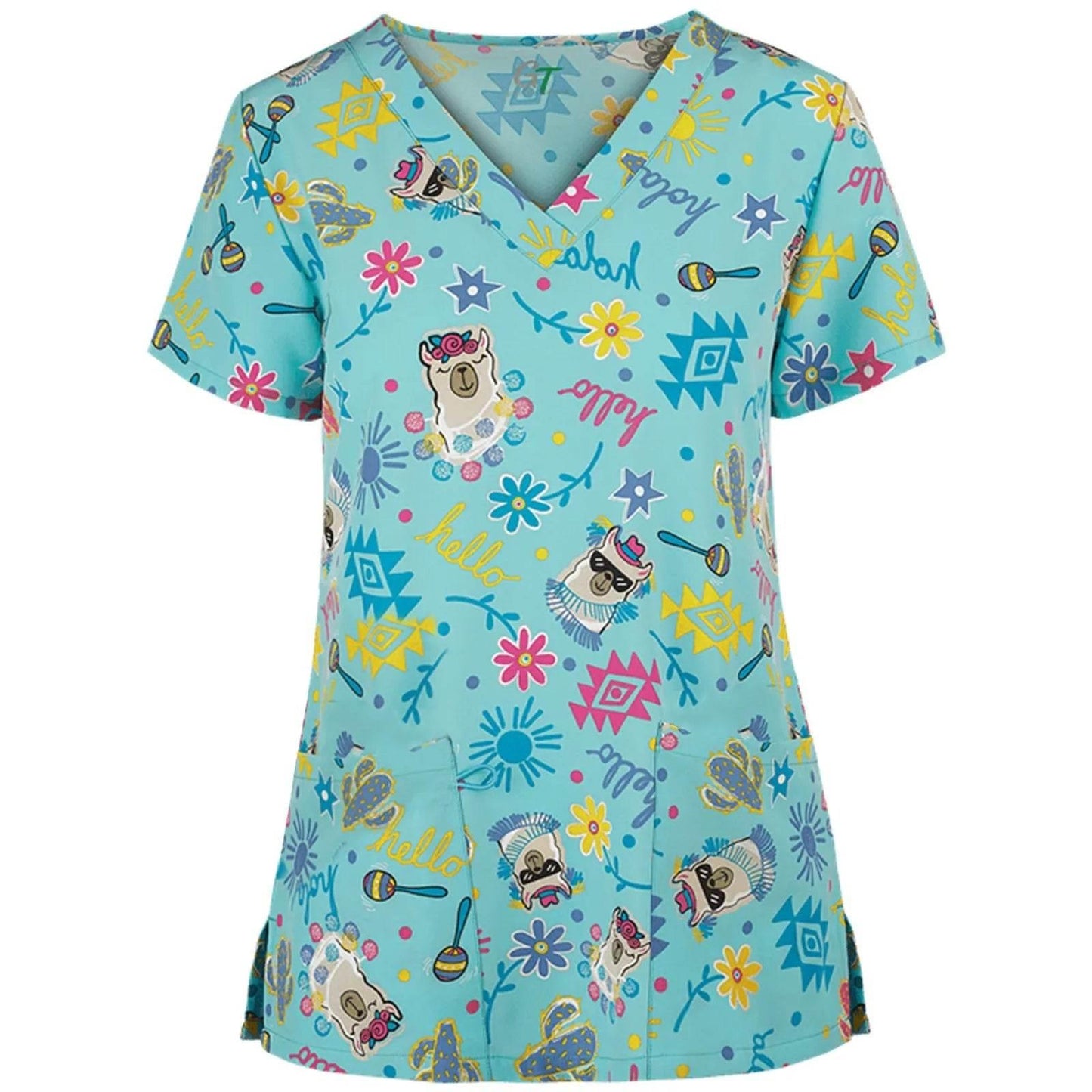 Women Working Uniform Animal Print Cartoon Cat Dog Short Sleeve V-neck Tops - Empire P.E