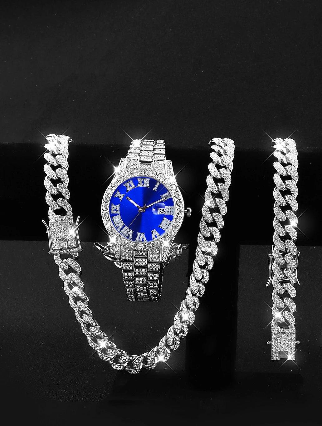 3PCS luxury alloy full diamond rhinestone mirror men's quartz watch with calendar and Hip Hop Cuban Necklace bracelet set - Empire P.E