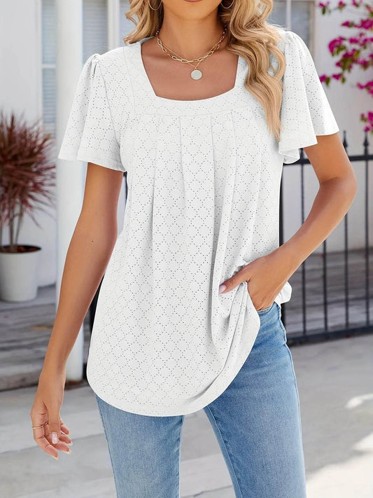 Plus Size Eyelet Solid Pleated T-Shirt Casual Short Sleeve Top For Spring & Summer Women's Plus Size Clothing - Empire P.E