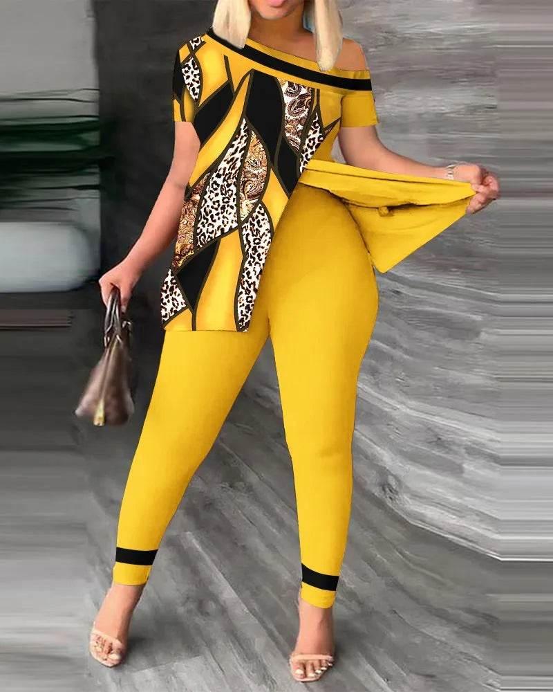 Elegant Women Two Piece Set Suits New Fashion Printed Ruffle Sleeve Top Solid Color Pants Set With Belt Blouses Female Clothing - Empire P.E