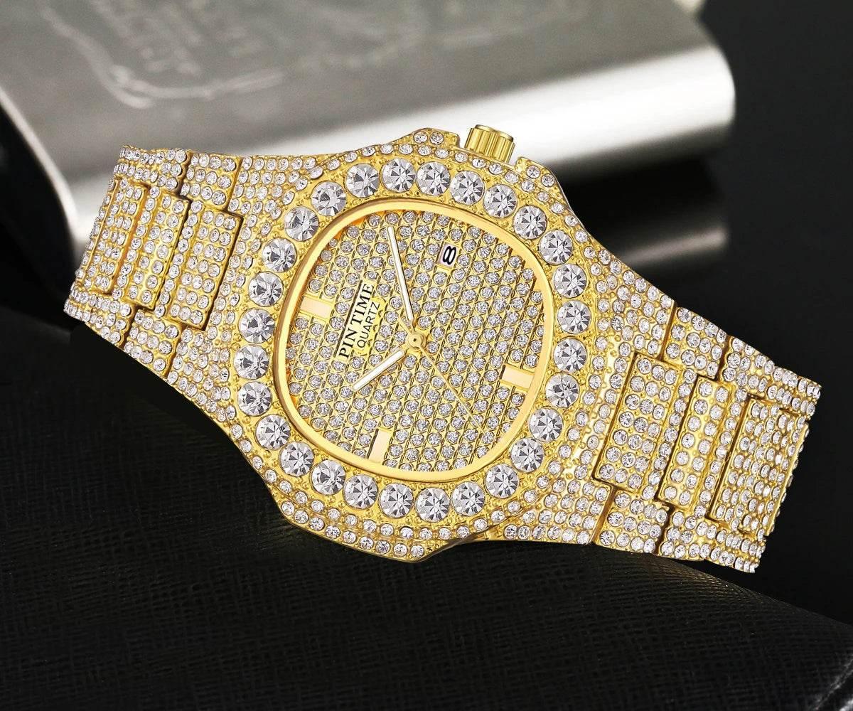 Wholesale Men Women Diamond Iced Out Watch Stainless Steel Big Crystal Stone Quartz Wristwatches for Mens Full Paved - Empire P.E