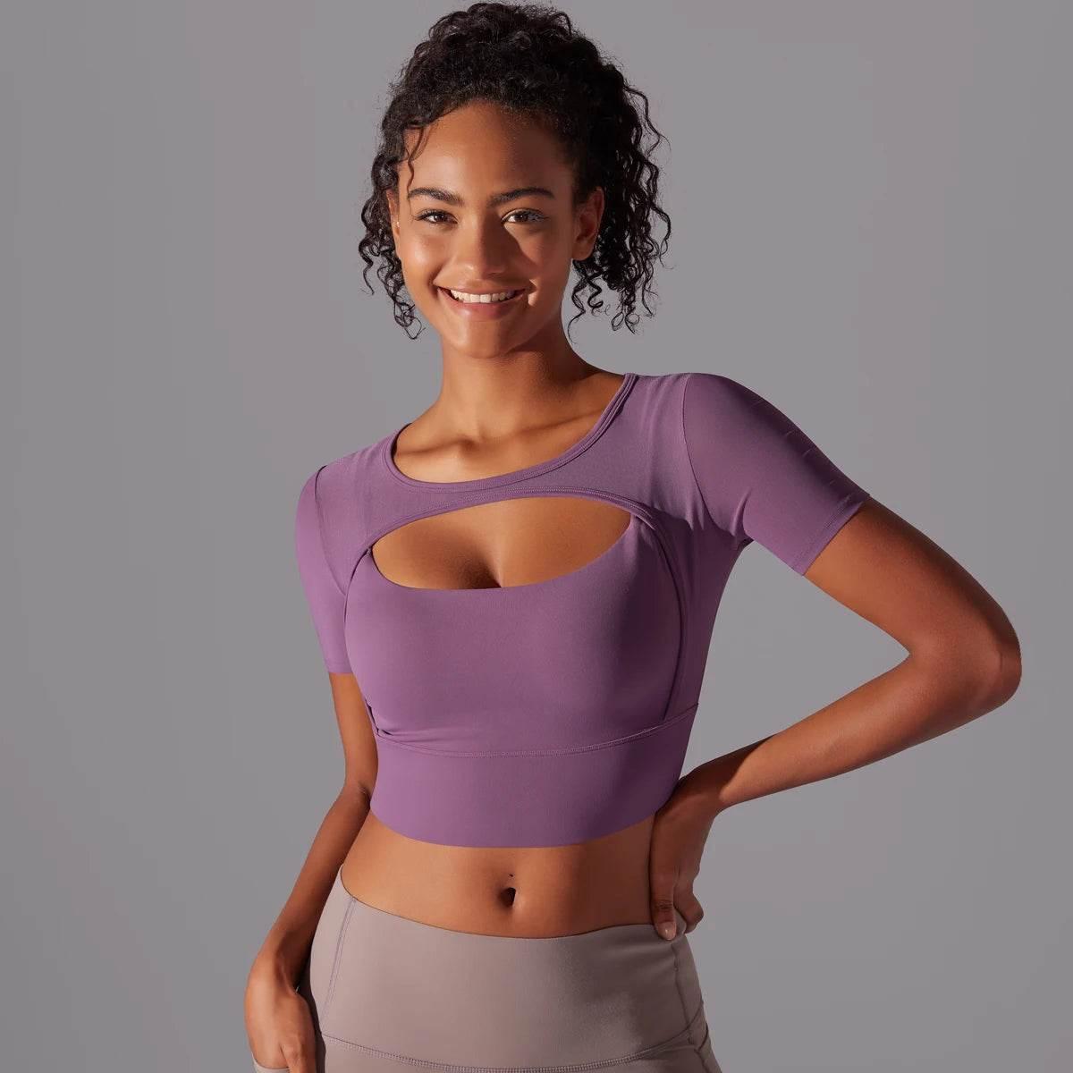 Solid Color Yoga Short Sleeve Sexy Double Layer Yoga Tank Top Spliced Mesh Yoga Clothing Top Fitness Running Sports Bra Women - Empire P.E