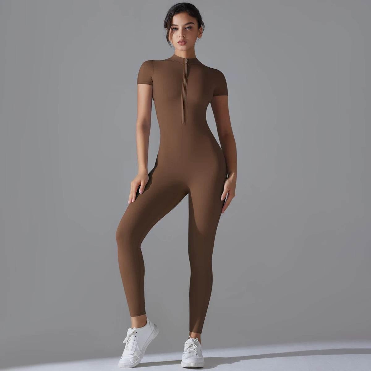 Yoga Set Women's Jumpsuits One-Piece Suit Zipper Short Sleeve Gym Push Up Workout Clothes Fitness Bodysuit Sportswear Tracksuit - Empire P.E