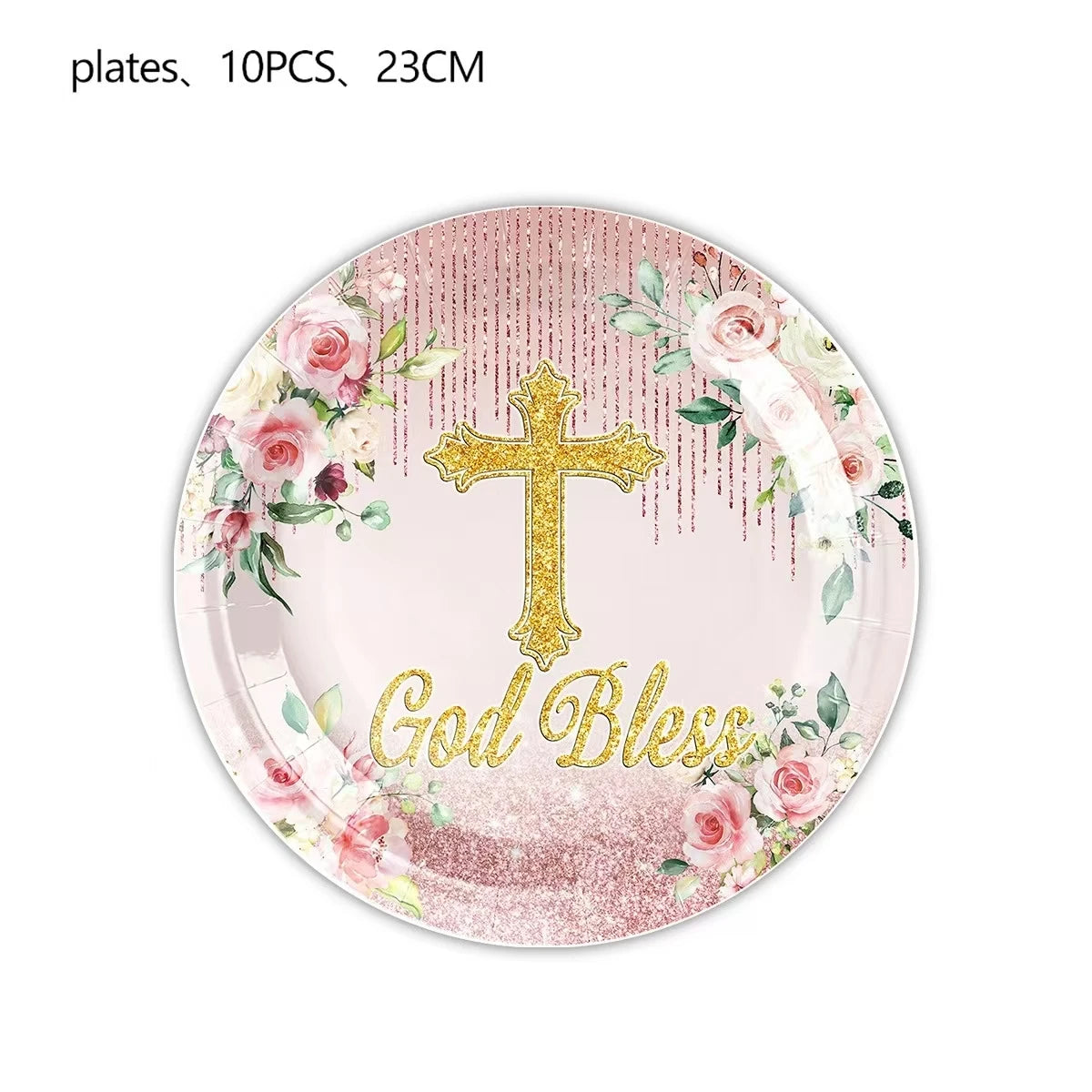 10Guests Pink Cross Baby Communion Party Supplies Flower God Bless Tableware Paper Plates Cups Baptismal Party Decor Baby Shower