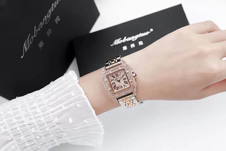 Ladies Dial Quartz Wristwatches Dress Clock Large square diamond-encrusted dial steel belt living waterproof quartz watch - Empire P.E