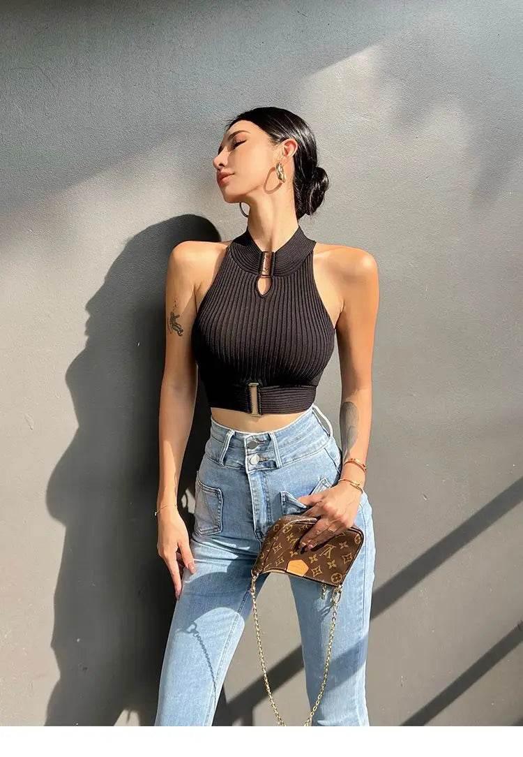 Women Sexy Tank Tops Chic Y2K Tops Halter Off Shoulder Tops Crop Tops Elastic Solid Tank Tops For Women Summer - Empire P.E