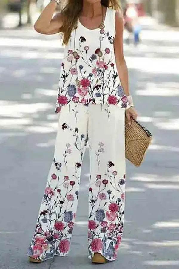 2023 Women 2 Piece Outfits Boho Casual Printed Vest Sleeveless Top Loose Wide Leg Pants Trousers Two Piece Set Elegant Suit - Empire P.E
