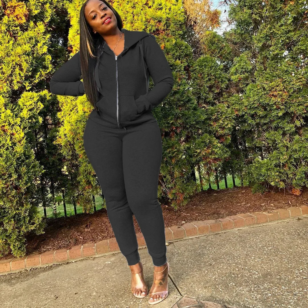2 Pieces Set Women Fall Hot Style Pure Color Fleece two piece set - Empire P.E
