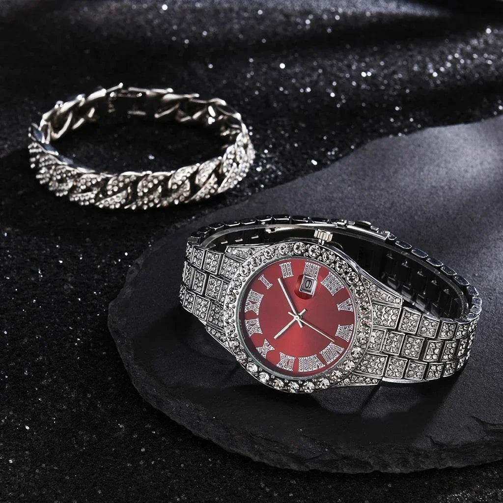 Watch Bracelet Set Hip Hop Stainless Steel Gold Color Calendar Watch for Men Iced Out Paved Rhinestones Men Watch Reloj Hombre - Empire P.E