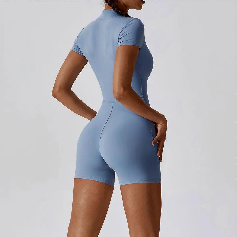 Yoga Set Women's One-Piece Suit Zipper Short Sleeve Gym Push Up Workout Clothes Fitness Short Bodysuit Sportswear Jumpsuits - Empire P.E